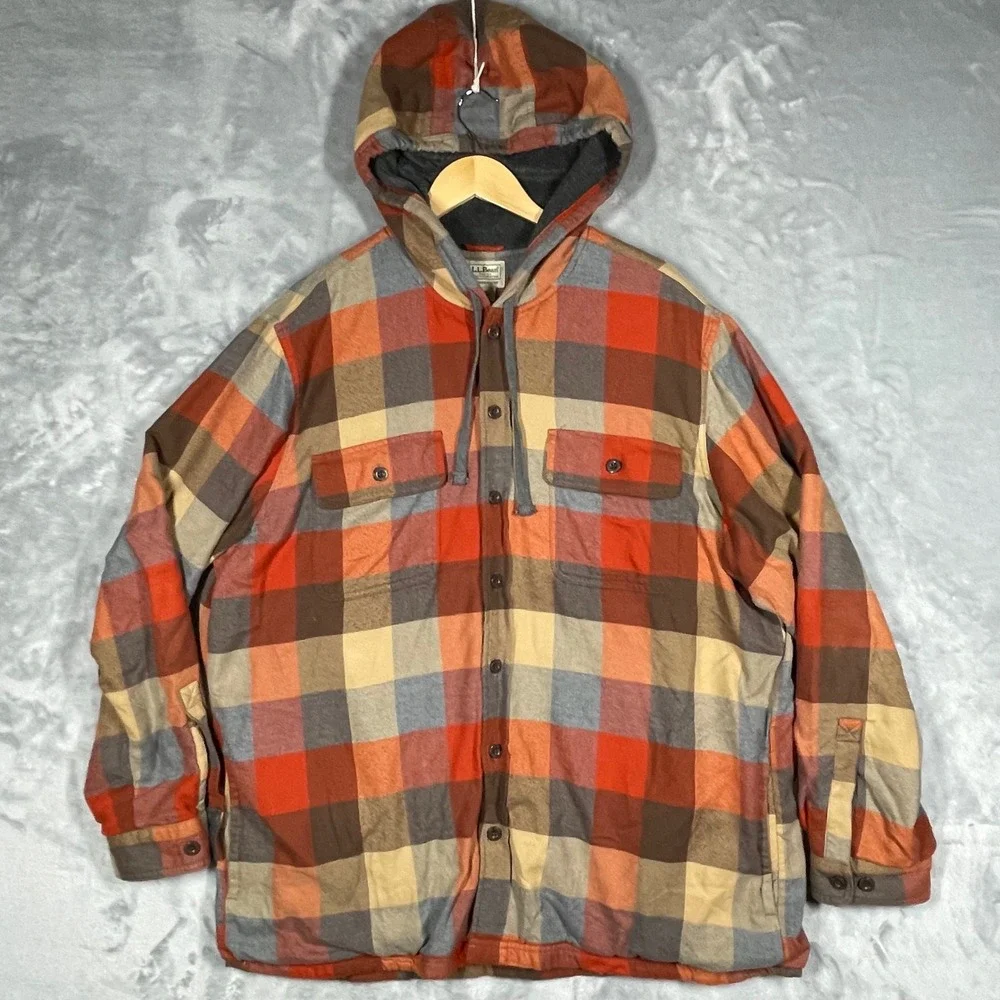 LL Bean Mens XL Traditional Fit Fleece Lined Flannel Hooded Shirt Jacket 298193